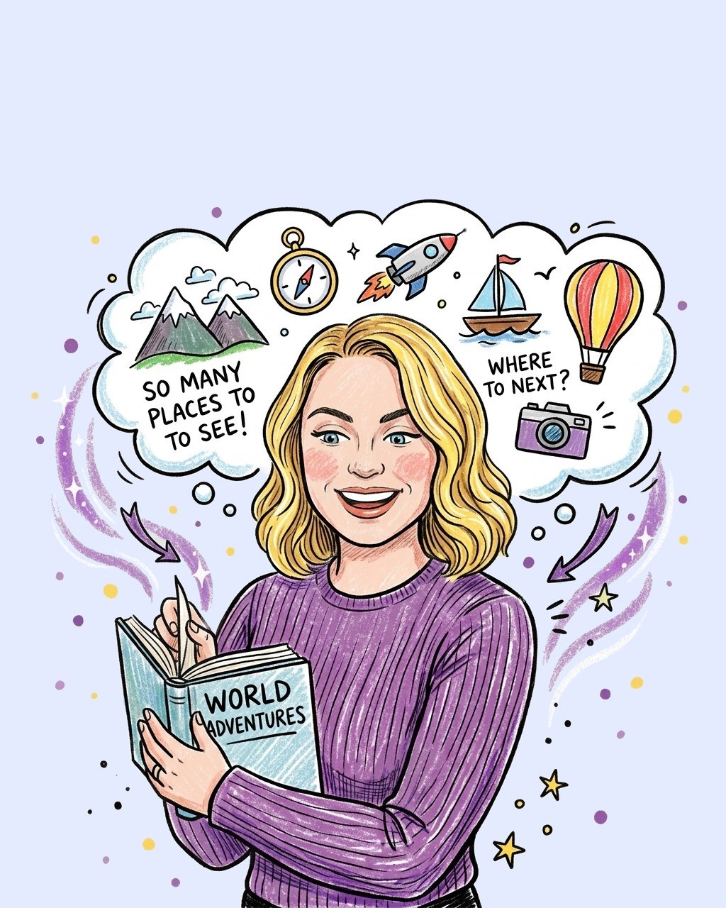Illustration of Kirsten smiling as she opens a book called World Adventures, with a thought bubble full of mountains, a sailboat, and a hot air balloon